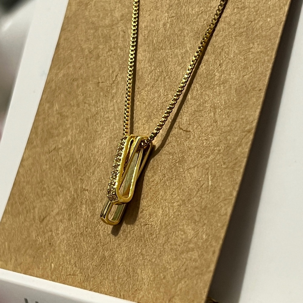 Gold‎ Tone Interlocking Bar Pendant Necklace with Pavé Crystals Box Chain - Picture 3 of 6